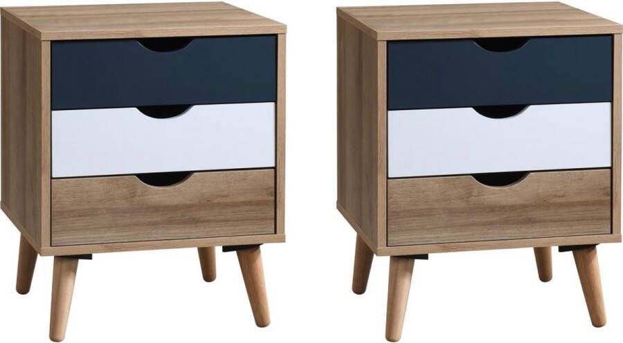 Vente-unique Set van 2 nachtkastjes 3 lades naturel wit en marineblauw LURVIA L 45 cm x H 57 cm x D 40 cm