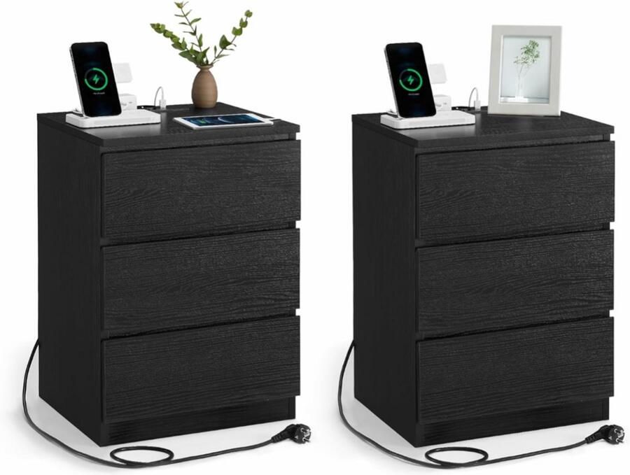 Set van 2 nachtkastjes bijzettafels 3 lades afgeschuinde rand 2 stopcontacten 2 USB-poorten woonkamer slaapkamer studeerkamer modern ebbenhoutzwart