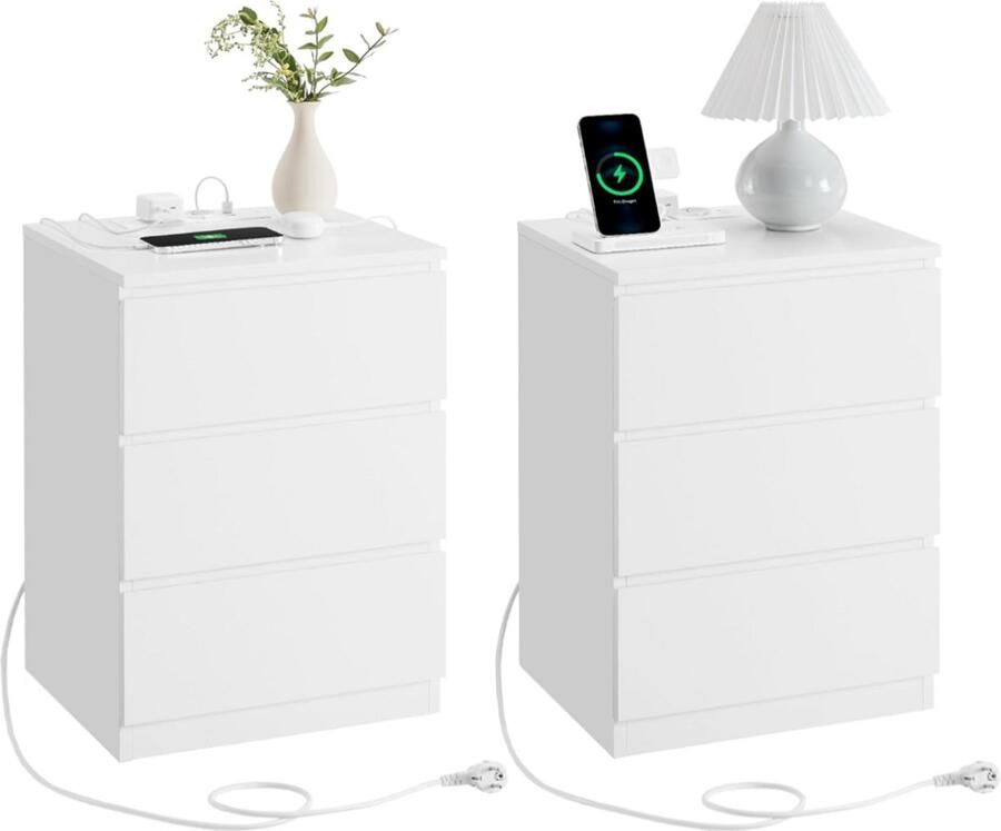 Set van 2 nachtkastjes bijzettafels 3 lades afgeschuinde rand 2 stopcontacten 2 USB-poorten woonkamer slaapkamer studeerkamer modern wolkenwit