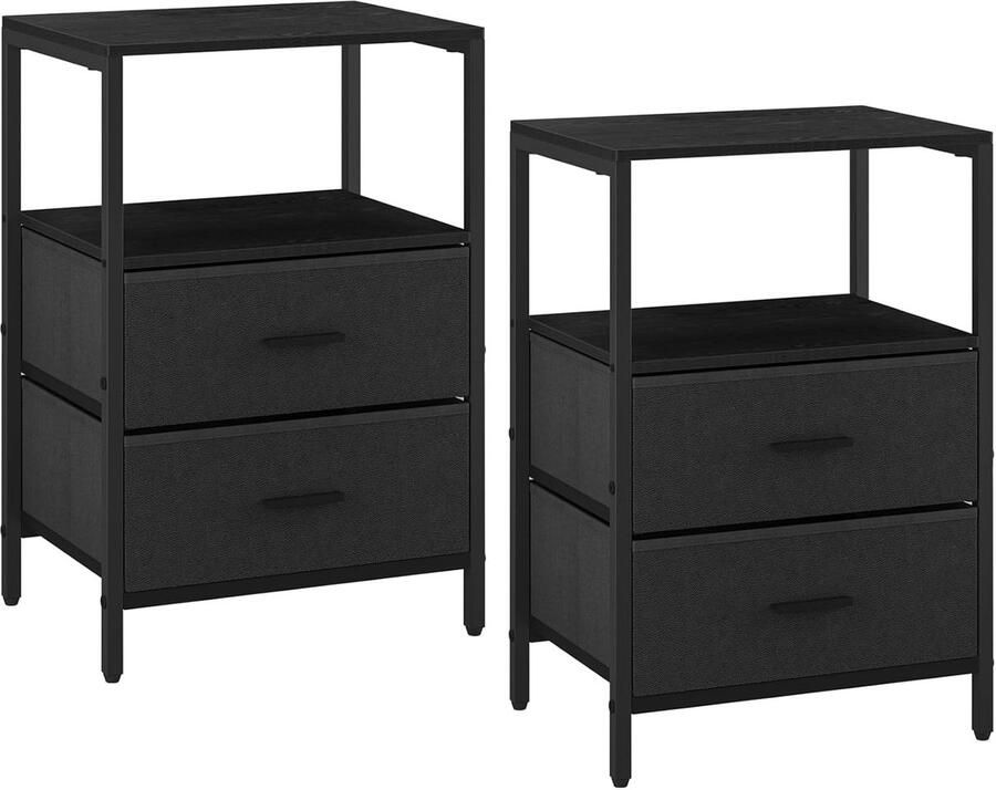 Set van 2 Nachtkastjes – Bijzettafels met 2 Laden en Open Kubus Geschikt voor Woonkamer en Slaapkamer – Zwart (Model NS30704B)