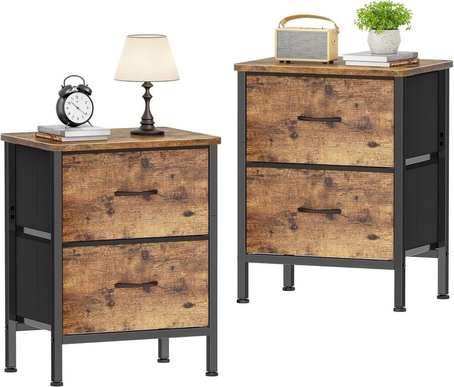 Set van 2 Nachtkastjes – Bijzettafels met Metalen Frame en Stoffen Laden Vintage Bruin (42×30×55 cm)