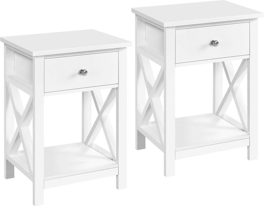 Set van 2 nachtkastjes bijzettafelset banktafels kleine salontafels met legplank woonkamer slaapkamer hal stabiel X-vorm wit 40 x 30 x 55 cm