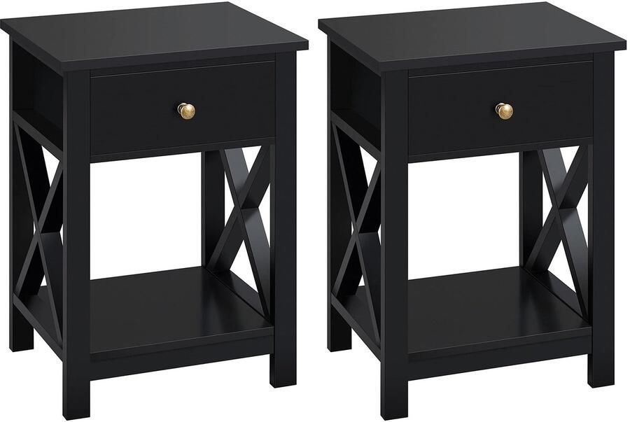 Set van 2 nachtkastjes bijzettafelset banktafels kleine salontafels met plank woonkamer slaapkamer hal stabiel X-vorm zwart 40 x 30 x 55 cm