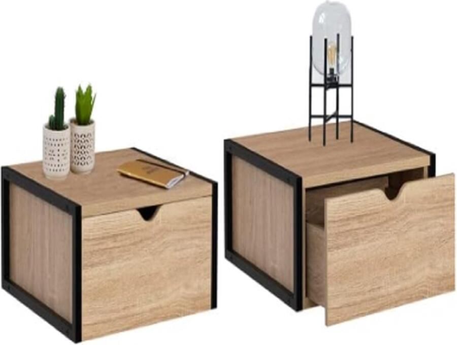 Set van 2 nachtkastjes Detroit wandrek hangend rek industrieel design