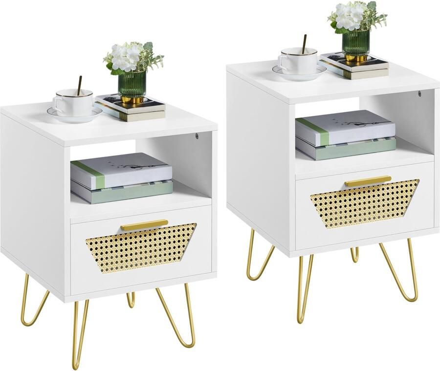 Set van 2 nachtkastjes in rotan-design bijzettafel met 1 lade en 1 open opbergvak nachtkast metalen poten nachtkastje banktafel voor slaapkamer woonkamer wit