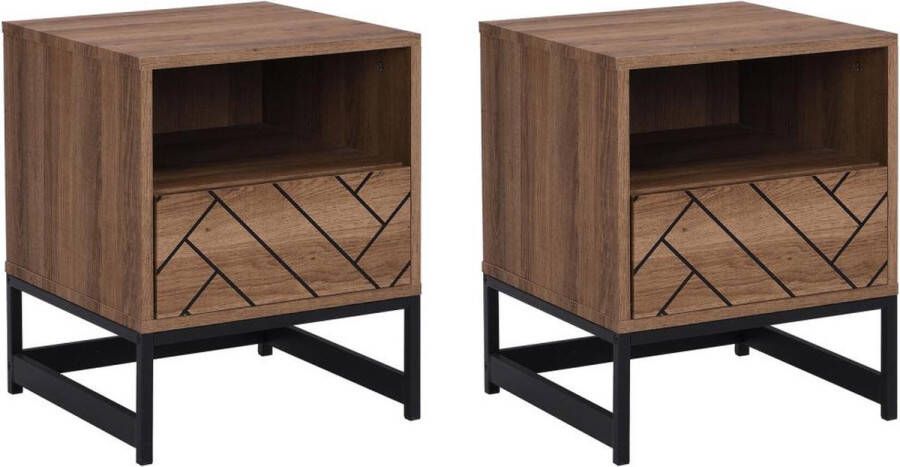 Vente-unique Set van 2 nachtkastjes met 1 lade en 1 nis Mdf en staal naturel en zwart CARATANA L 40 cm x H 50 cm x D 40 cm