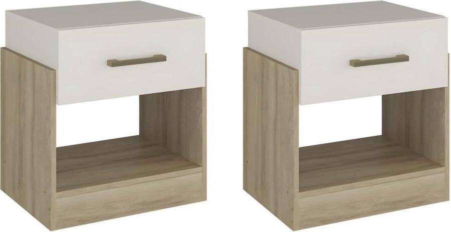Vente-unique Set van 2 nachtkastjes met 1 lade en 1 opbergvak – Kleuren: houtlook en ivoorwit – BODIL II L 47 cm x H 51.2 cm x D 37.8 cm - Foto 2