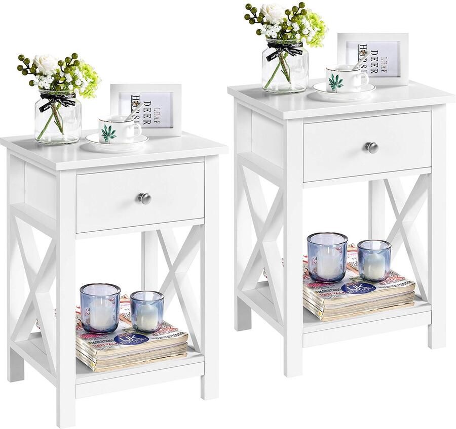 Set van 2 nachtkastjes met 1 lade en open opbergvak nachtkastje X-vormige steunpoten moderne houten bijzettafel banktafel voor slaapkamer woonkamer 40 × 30 × 55 cm