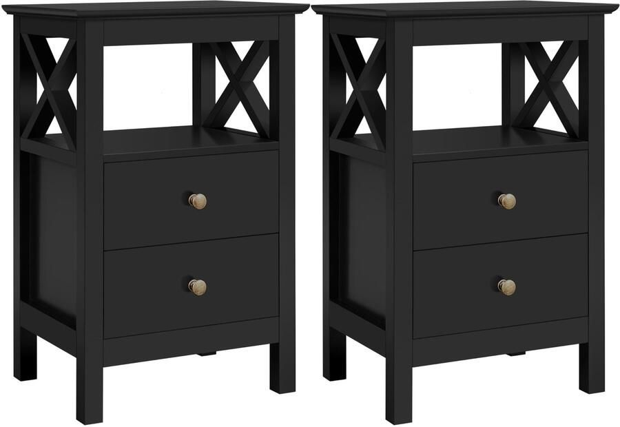 Set van 2 nachtkastjes met 2 laden en 1 open opbergvak stabiele nachtkastje bijzettafel X-vormige steun banktafel van hout zwart