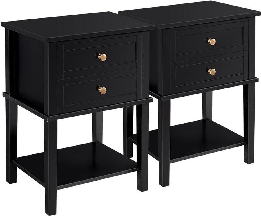 Set van 2 nachtkastjes met 2 laden en plank bijzettafel moderne nachtkastje voor slaapkamer woonkamer zwart