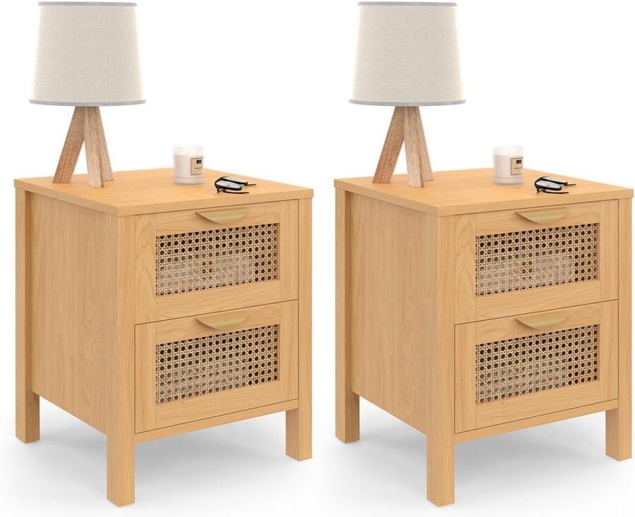 Set van 2 nachtkastjes met 2 laden hout en rieten fronten modern landelijk design