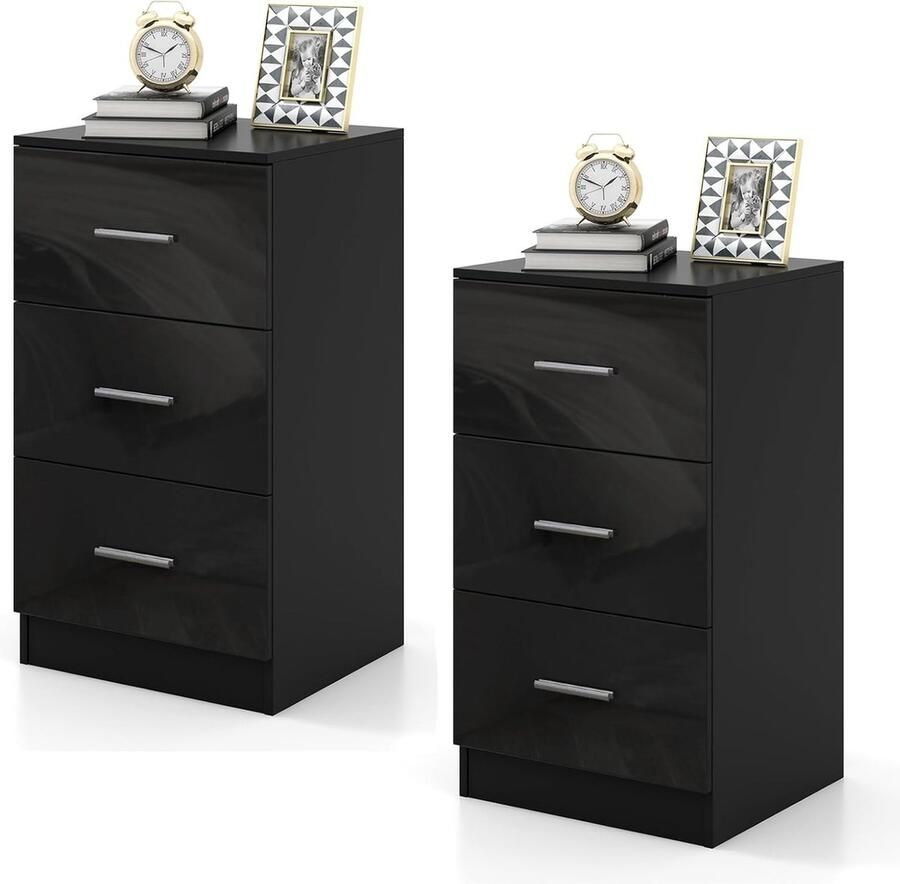 Set van 2 nachtkastjes met 3 laden hoogglans nachtkastje voor boxspringbed 37 x 34 x 66 5 cm zwart