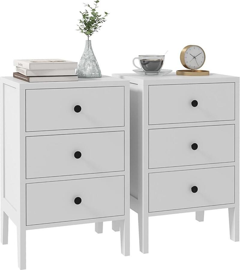 Set van 2 Nachtkastjes met 3 Laden Wit Bijzettafels voor Slaapkamer en Woonkamer