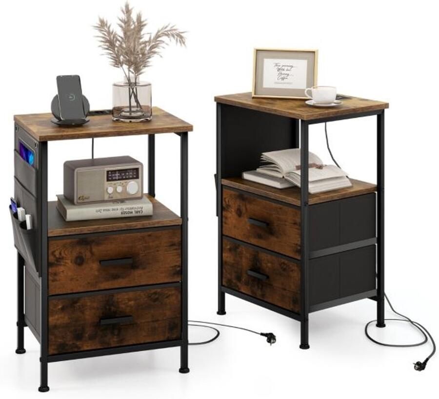 Set van 2 Nachtkastjes met Laadstation – Industriële Bijzettafels met 2 Lades 6 Zijvakken USB-Poorten en Stopcontacten Rustiek Bruin