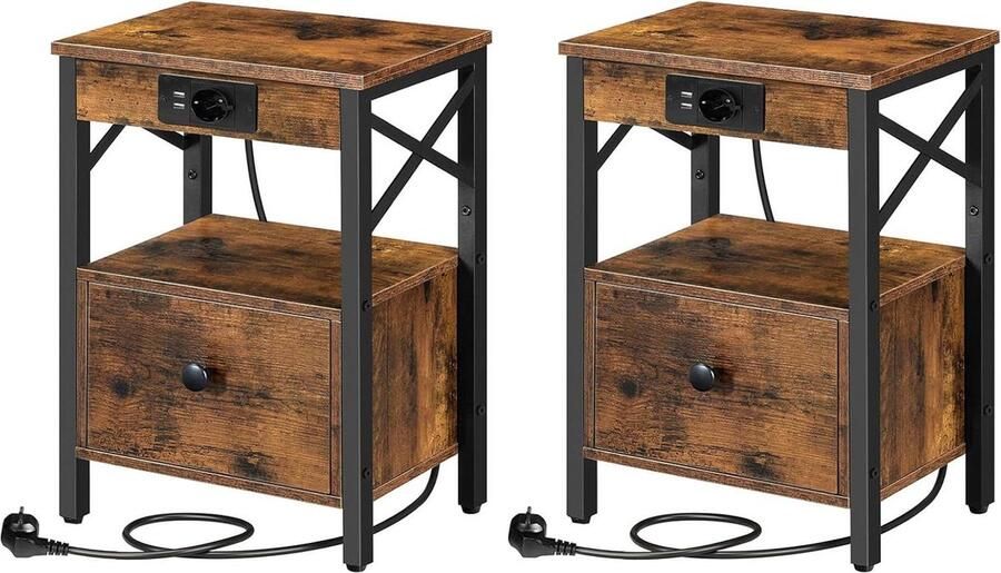 Set van 2 nachtkastjes met laadstation nachtkastjes met USB-poort 2 stuks vintage bruin en zwart