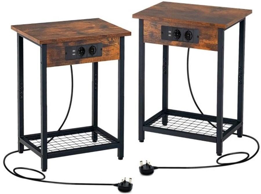Set van 2 Nachtkastjes – Met Laadstation Open Plank en 2 USB-poorten 2-Lagen Bijzettafel voor Woonkamer of Slaapkamer