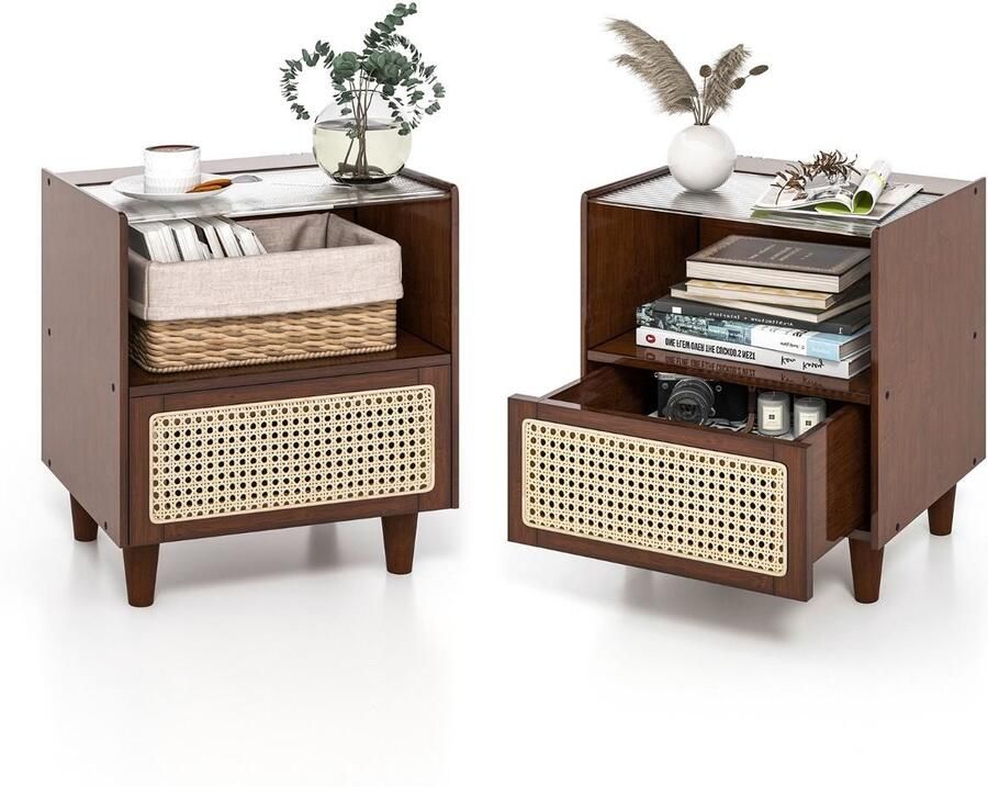 Set van 2 nachtkastjes met lade – Bamboe bijzettafel met glazen blad en massief houten poten – 43x35x50 cm Bruin Natuur