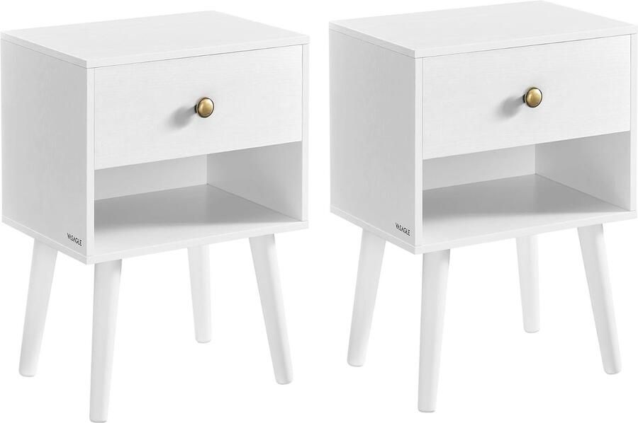 Set van 2 Nachtkastjes met Lade en Open Plank Minimalistische Bijzettafels in Sneeuwwit