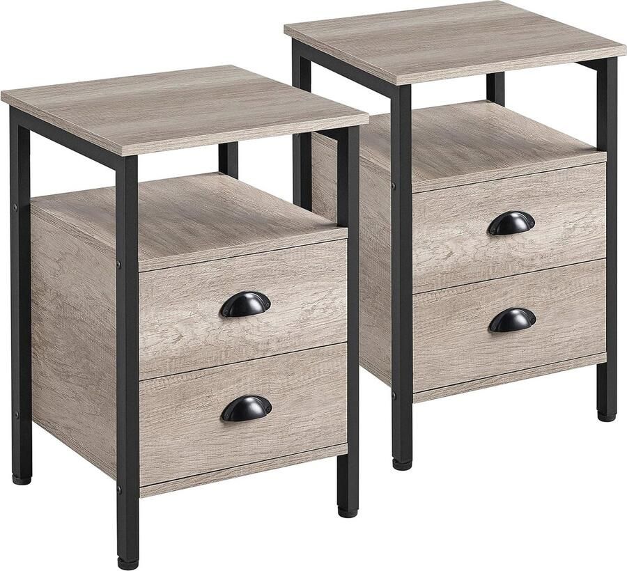 Set van 2 Nachtkastjes met Laden en Plank Multifunctioneel Bijzettafel voor Woonkamer en Slaapkamer