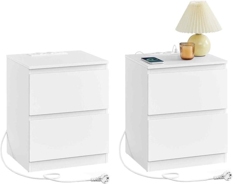 Set van 2 Nachtkastjes met Stekkerdoos – Bijzettafels met 2 Laden 2 AC-stopcontacten 1 USB-A en 1 USB-C Poort Modern Design Wolkenwit Voor Woonkamer en Slaapkamer