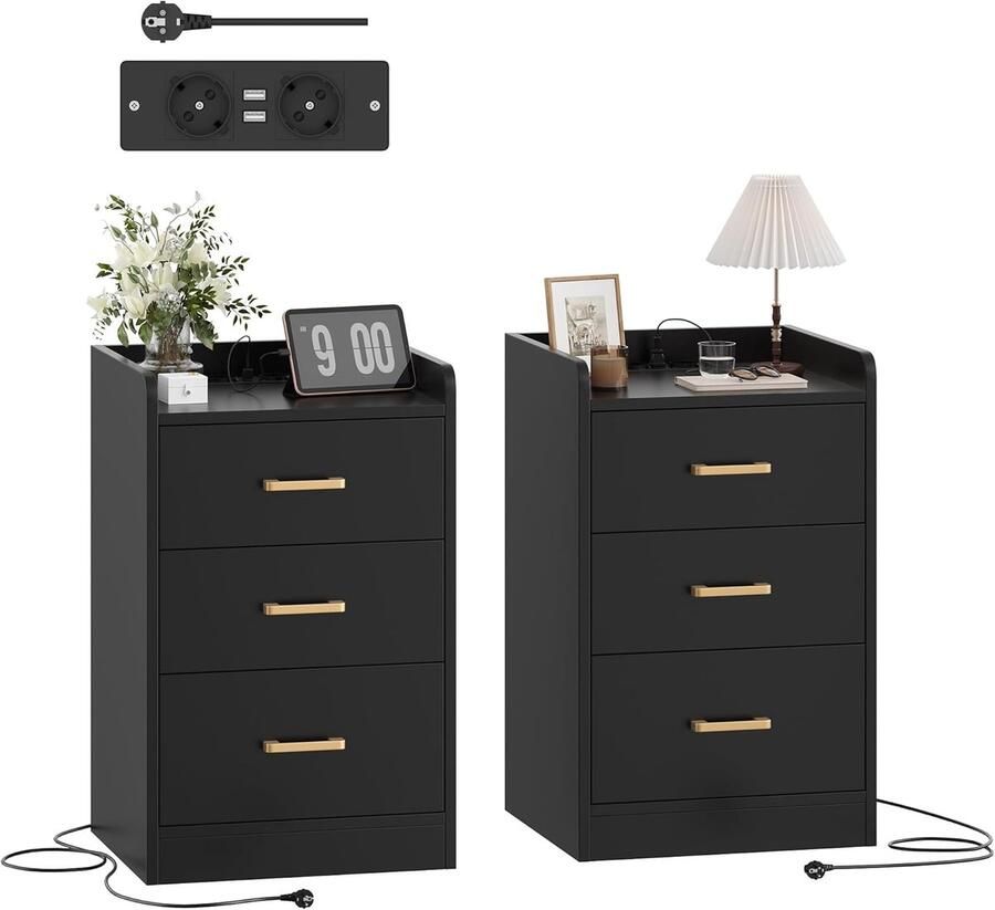 Set van 2 nachtkastjes met stopcontact en USB – 3 laden – Zwart – 40 x 38 x 66 cm – Voor slaapkamer & woonkamer