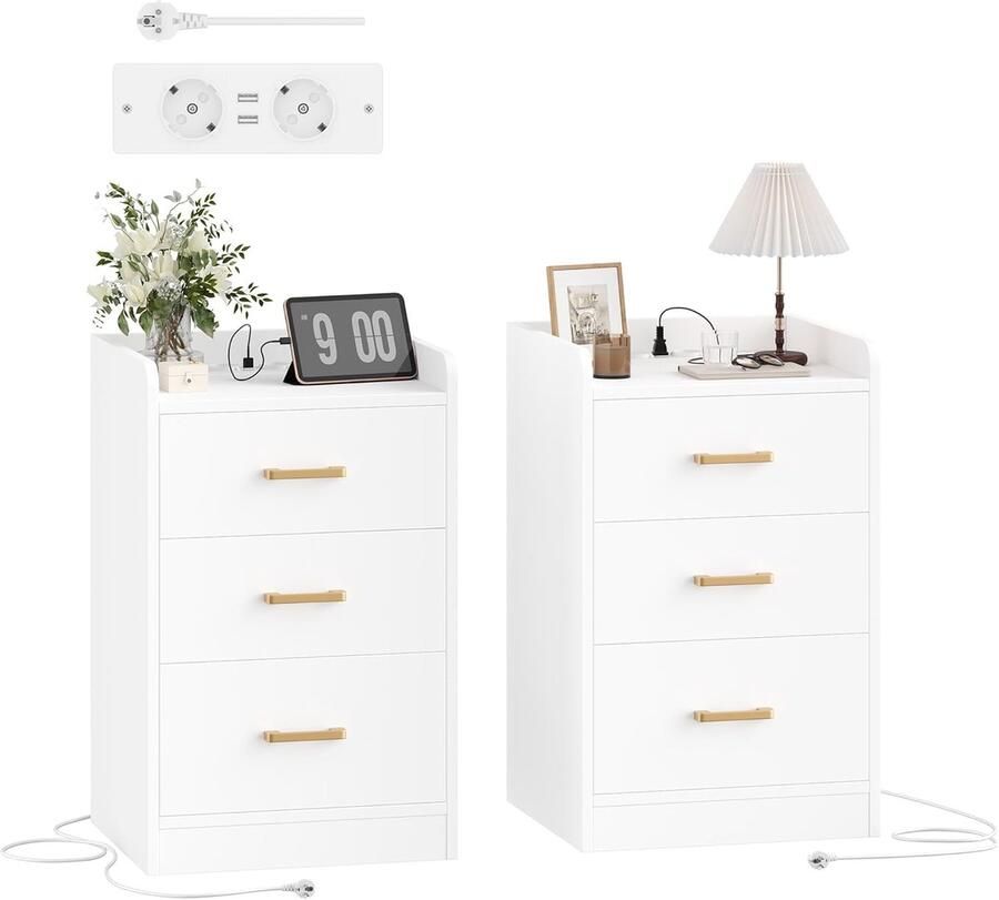 Set van 2 nachtkastjes met stopcontact & USB – Wit – 3 laden – 40 x 38 x 66 cm – Voor slaapkamer & woonkamer