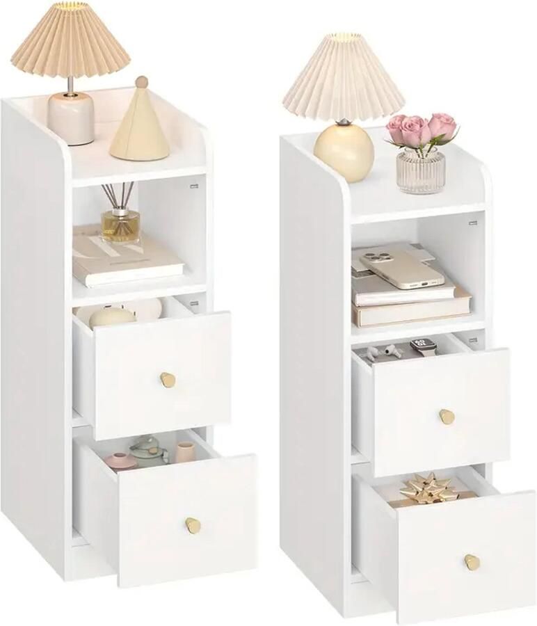 Set van 2 Nachtkastjes – Moderne Nachtkast – Bijzettafel – Bedkastje – Opbergkast met Lades – Wit – Hout – Kleine Kast – Slaapkamer Meubel – Nachtkastje met 2 Lades en Open Vakken – Compacte Opbergeenheid 30×24×65 cm