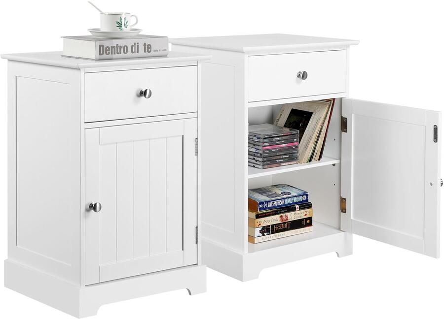 Set van 2 nachtkastjes nachtkastje met lade bijzettafel met verstelbare legplank salontafel met veel opbergruimte boxspringbed slaapkamer woonkamer wit