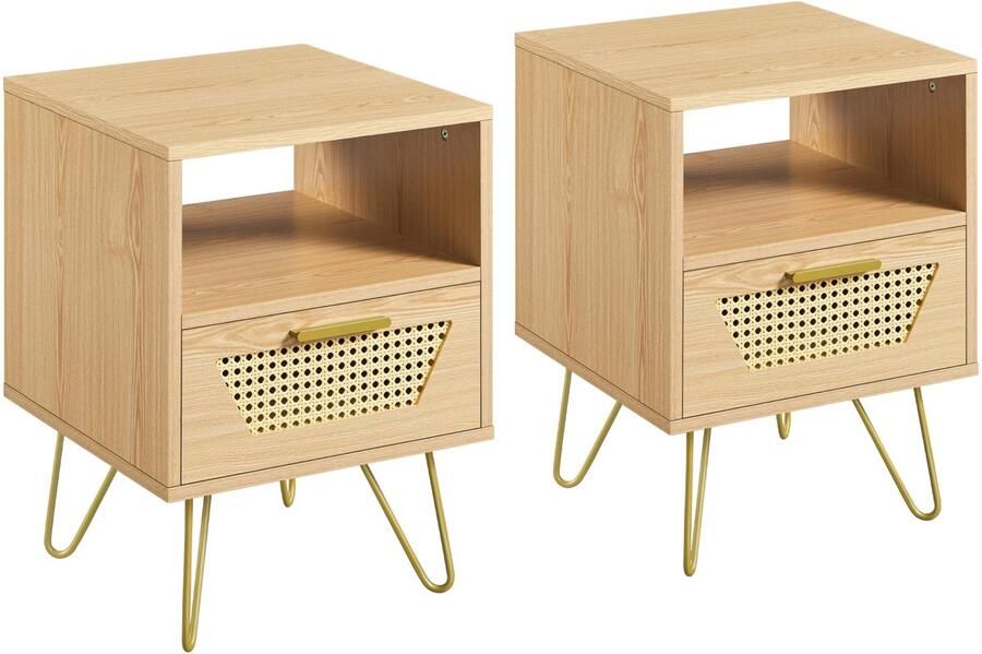 Set van 2 nachtkastjes rotan design bijzettafel met 1 lade en 1 open opbergvak nachtkast metalen poten nachtkastje banktafel voor slaapkamer woonkamer lichtbruin