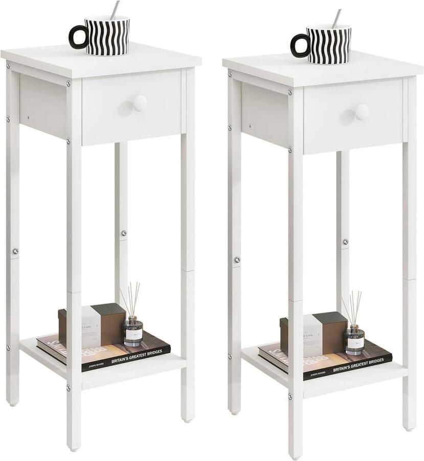 Set van 2 nachtkastjes smalle nachtkastje hoge bijzettafel met Ã©Ã©n lade verstelbare poten 25 x 25 x 71 cm moderne salontafel voor woonkamer en slaapkamer wit