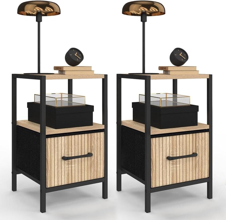 Set van 2 Nachtkastjes UTAH – 1 Lade en 1 Nis met Latteneffect Stijlvol en Functioneel Industrieel Design voor Slaapkamer