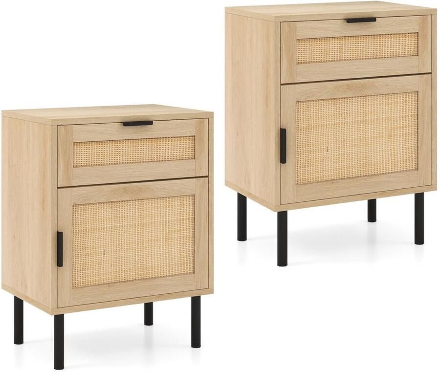 Set van 2 nachtkastjes van rotan nachtkastje met lade en kast mid-century nachtkastje met metalen poten natuurlijk zwart
