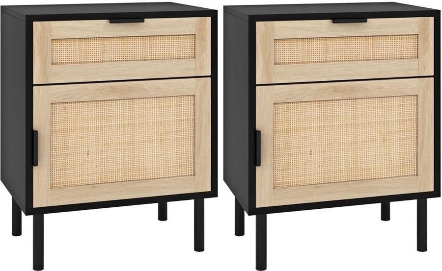 Set van 2 nachtkastjes van rotan nachtkastje met lade en kast mid-century nachtkastje met metalen poten natuurlijk zwart