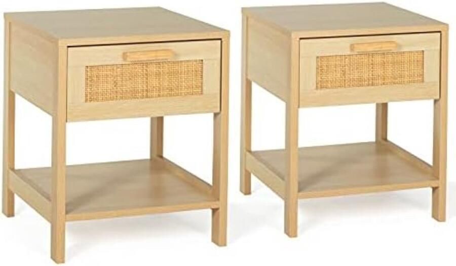 Set van 2 nachtkastjes vintage Elin 1 lade 1 plank natuurlijk effect rieten