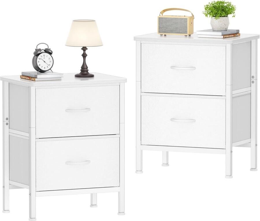 Set van 2 Nachtkastjes – Witte Bijzettafels met Metalen Frame en 2 Ruime Stoffen Laden