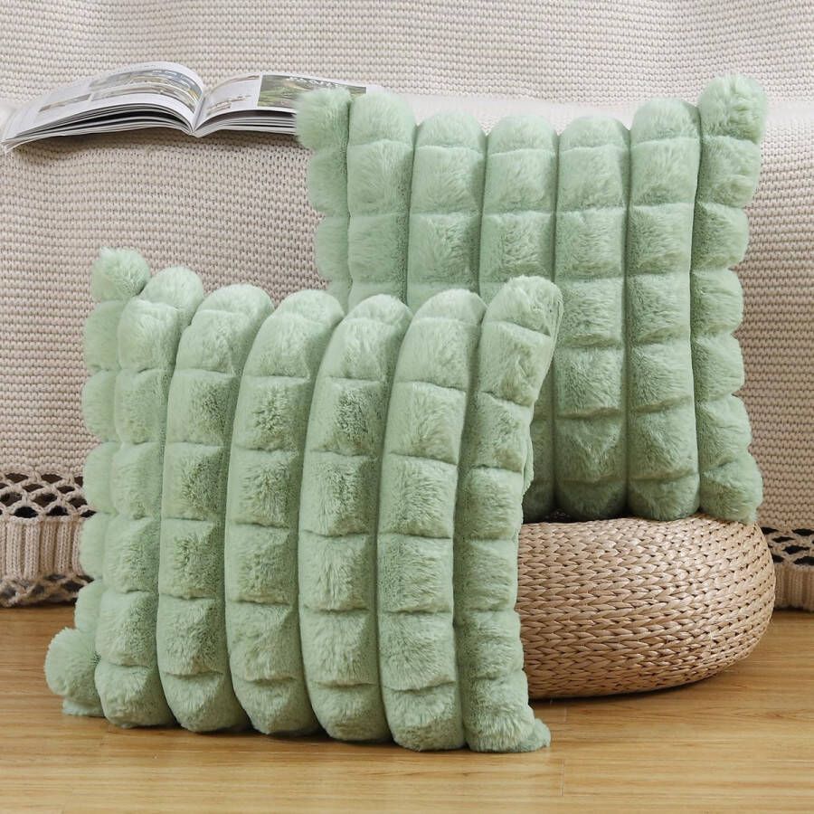 Set van 2 nepbont pluche decoratieve kussenslopen gestreept zacht decoratieve kussenhoes voor bank slaapkamer kussen schelp groen 45 x 45 cm