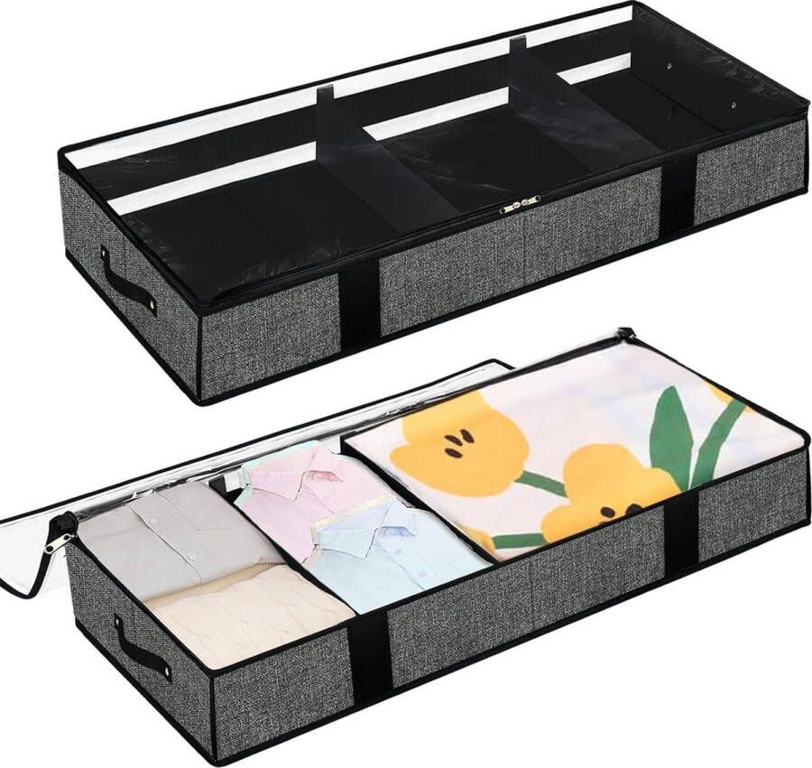 Set van 2 onderbedopbergboxen met transparant deksel 52 L onderbedopbergbox met 2 scheidingswanden en bodemplaat opvouwbare onderbedbox voor dekbedden schoenen kleding speelgoed