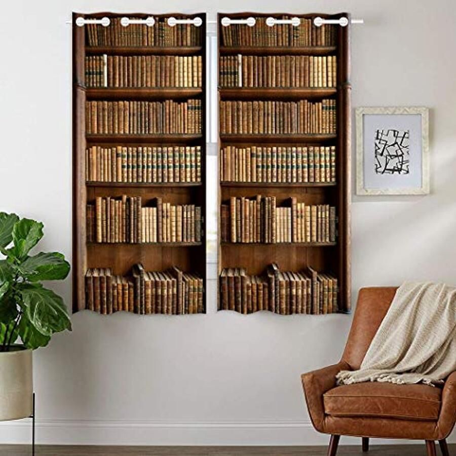 Set van 2 ondoorzichtige gordijnen Boekenkast 180 x 140 cm Met oogjes voor slaapkamer of woonkamer