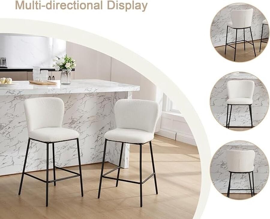 Set van 2 ontbijtbarkrukken – Hoge barstoelen met faux fur bekleding voor keuken – Wit