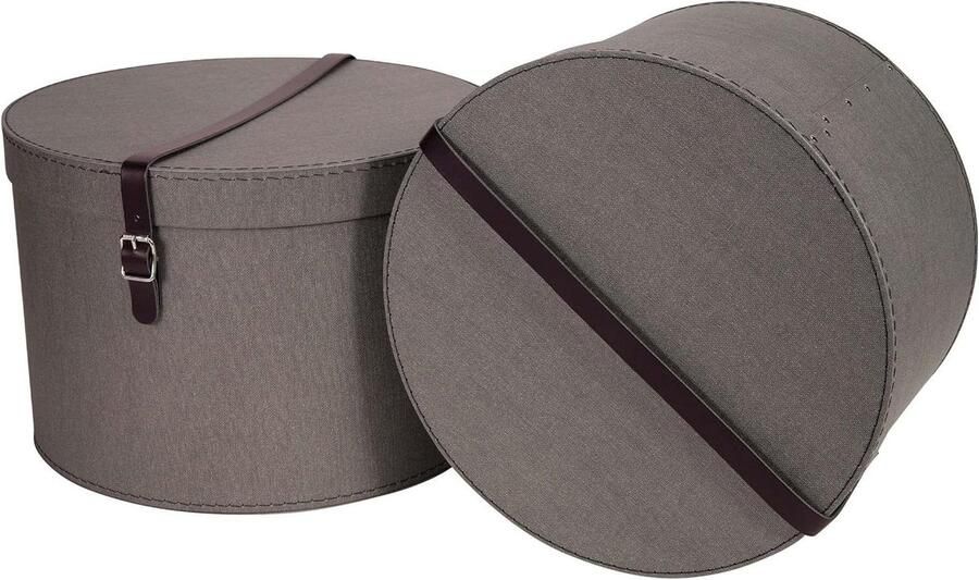Set van 2 opbergdozen met deksel ronde opbergbox met leren riem grote en kleine hoedendoosjes grijs 375 x 375 x 235 cm