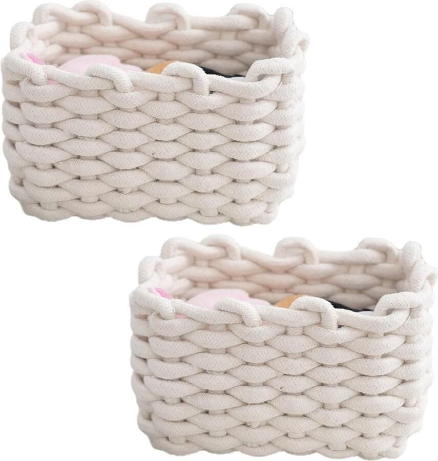 Set van 2 opbergmanden gevlochten katoenen breimand kleine manden commode-organizer decoratieve vierkante opbergplankmanden voor make-up sokken speelgoed (wit)
