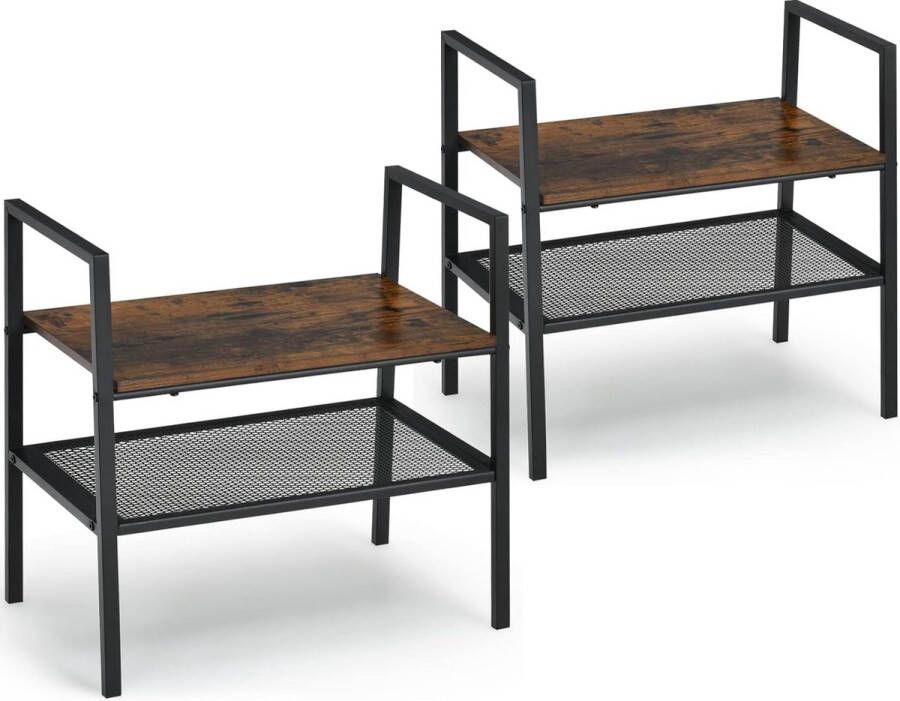 Set van 2 opbergplanken stapelbaar schoenenrek van hout en metaal compact opbergrek voor woonkamer slaapkamer entree organizerrek met metalen frame