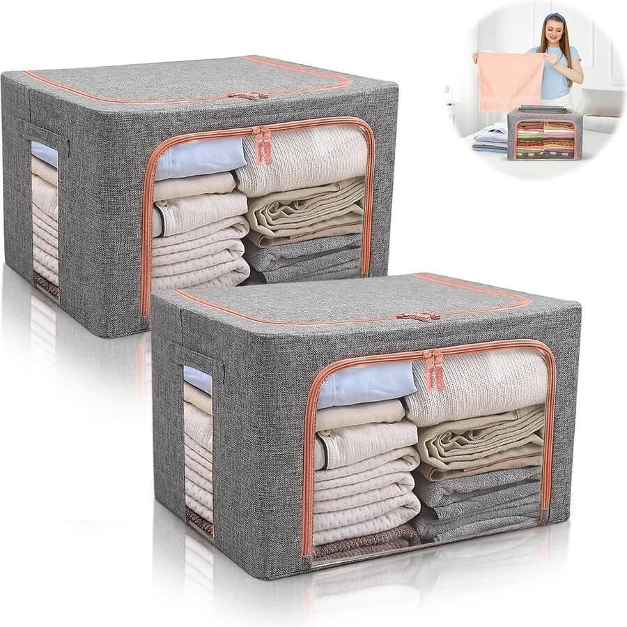 Set van 2 opbergzakken met metalen frame opvouwbare kledingopbergdoos met ritssluiting opbergdoos kleding stevige opbergdozen voor kleding stapelbare kledingdozen