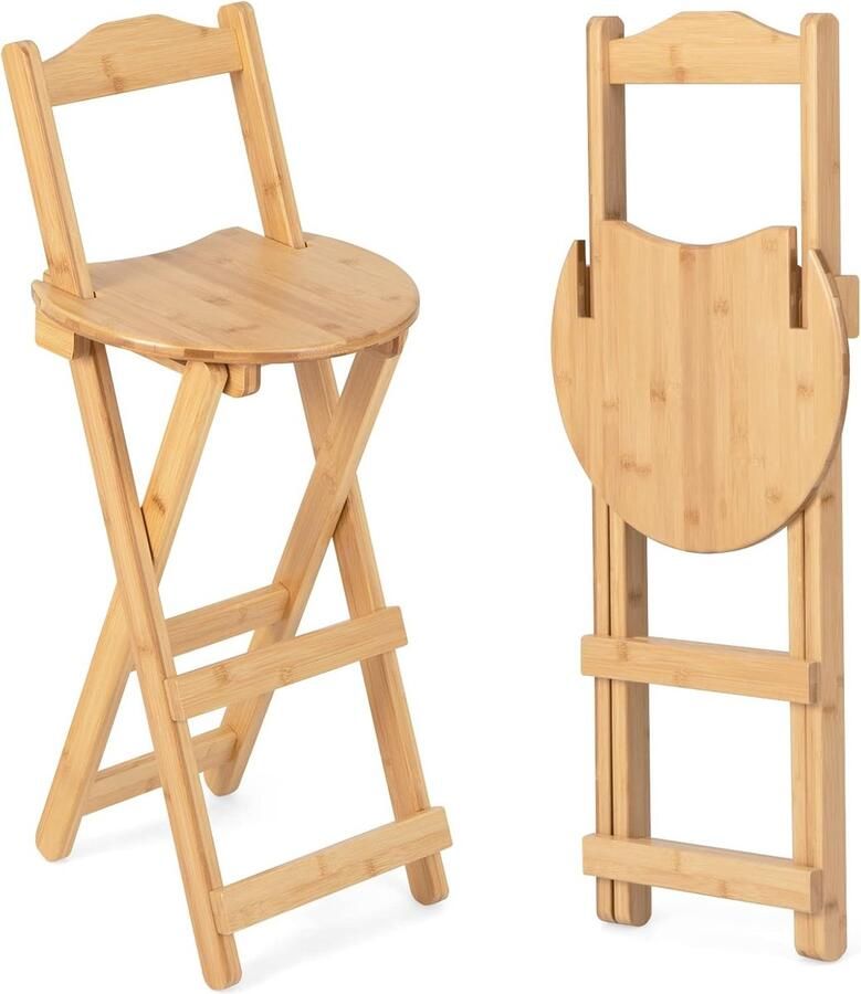 Set van 2 opvouwbare barkrukken met rugleuning houten barkrukken met 3 voetenbankjes zithoogte keukenstoel 61 cm barkruk bistrokruk voor keuken huis tuin bar natuurlijk (2 stoelen)