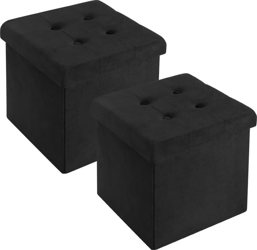 Set van 2 opvouwbare krukken zitkubus met opbergruimte zitbank kist opbergdoos afneembaar deksel gevoerde zitting van fluweel 37 -5 x 37 -5 x 38 cm (l x b x h) zwart
