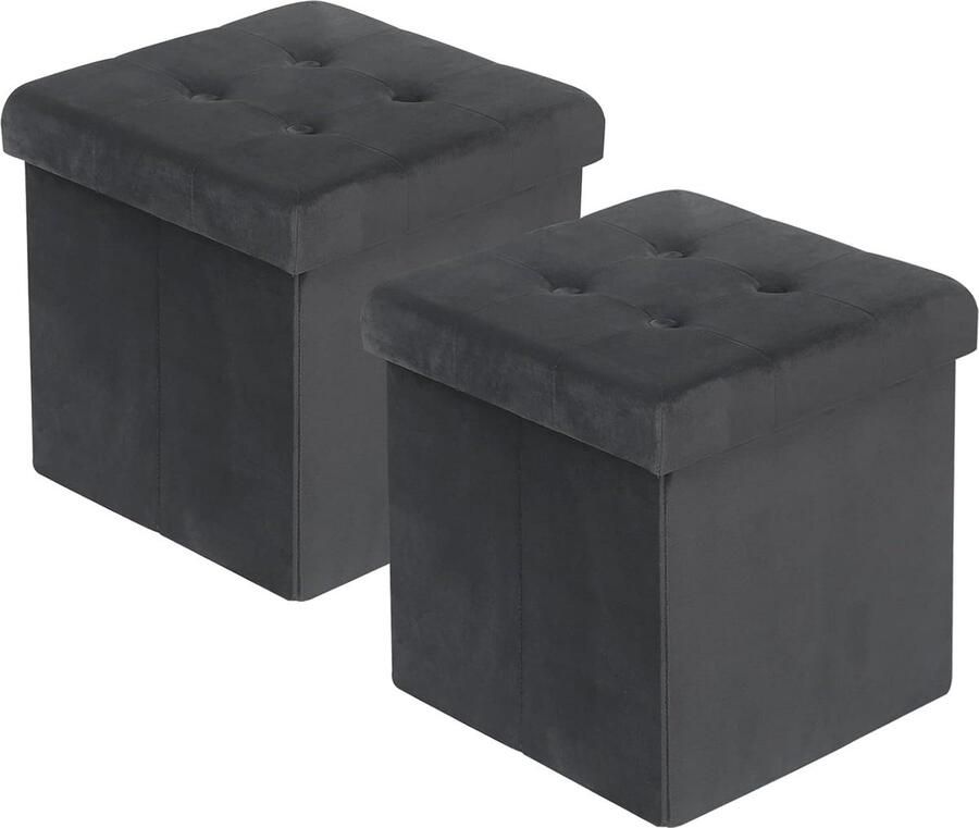 Set van 2 opvouwbare krukken zitkubus met opbergruimte zitbank kist opbergdoos afneembaar deksel gevoerde zitting van fluweel 37 -5 x 37 -5 x 38 cm (l x b x h) grijs
