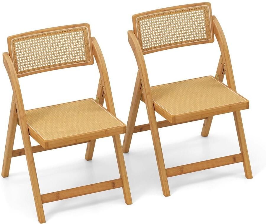 Set van 2 Opvouwbare Rotan Stoelen – Bamboe Eetkamerstoelen met Draaibare Rugleuningen en Maximaal Draagvermogen van 150 kg Natuurlijk