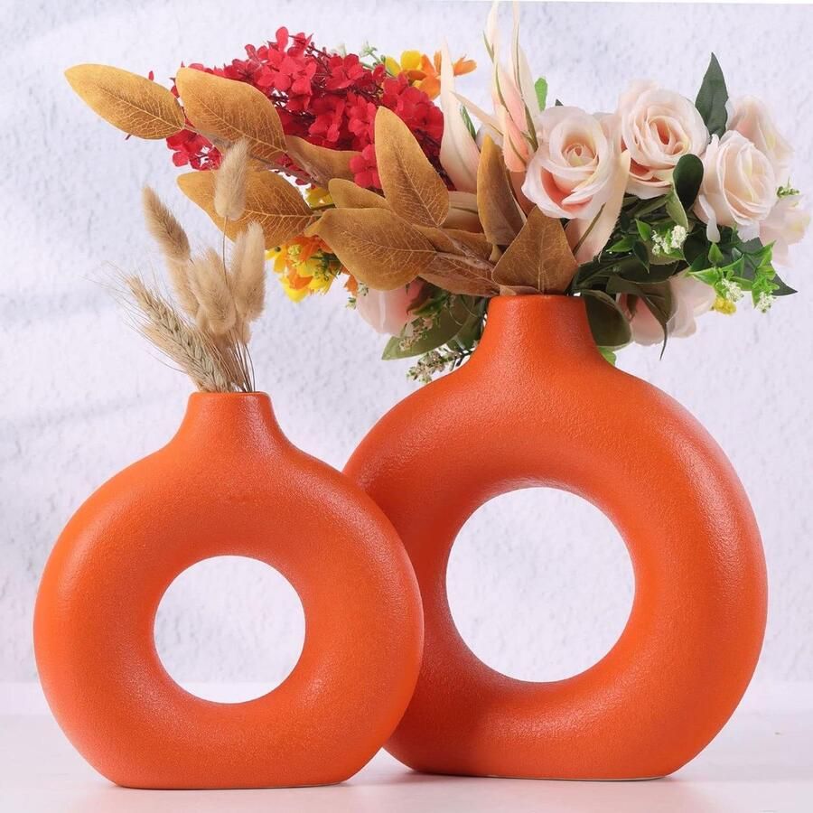Set van 2 Oranje keramische vaas ronde bloemenvazen voor moderne huisdecoratie met pampasgras Boho Scandinavische minimalistische stijl woonkamer keuken eettafel kantoor middenstukken