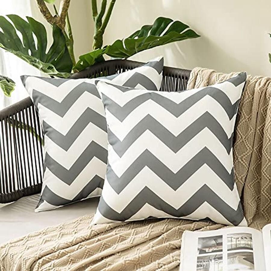 Set van 2 Outdoor Kussenhoezen Waves Gestreepte Kussenhoes Waterdichte Kussenhoes Sierkussen Bankkussen Decoratieve Bank Kussenhoes voor Bank Woonkamer Balkon Tuin 40x40 cm Donkergrijs