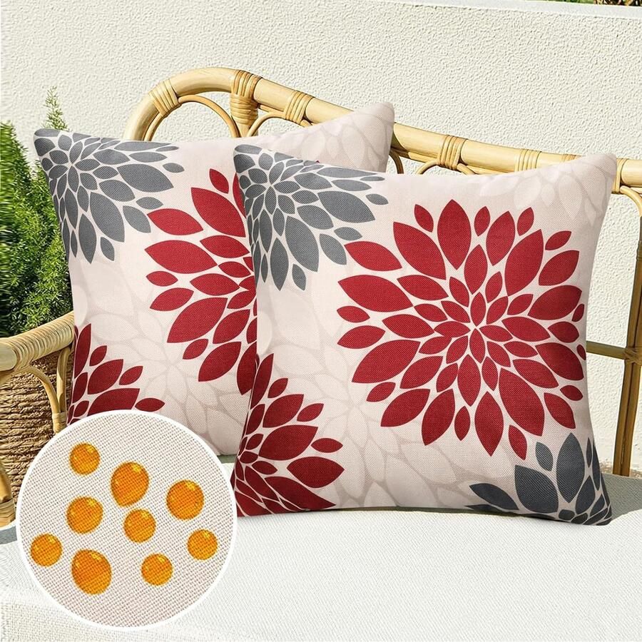 Set van 2 outdoor kussenslopen rood en grijs 40 x 40 cm linnen waterdichte kussenhoezen Dahlia boho sierkussen bankkussen decoratief boho Azteken bankkussen overtrek voor bank bed terras